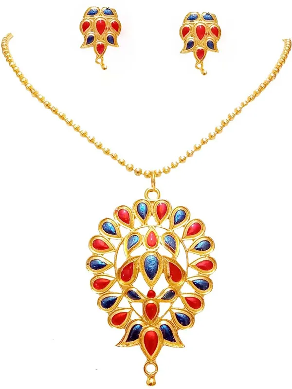 Assamese_Traditional_Gold_Plated_Red_Blue_Colour_Dugdugi_Chain_Jewellery_Set_For_Women